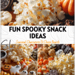 Halloween snack board with spooky food treats, popcorn, and healthy Halloween goodies ready for movie night. 26