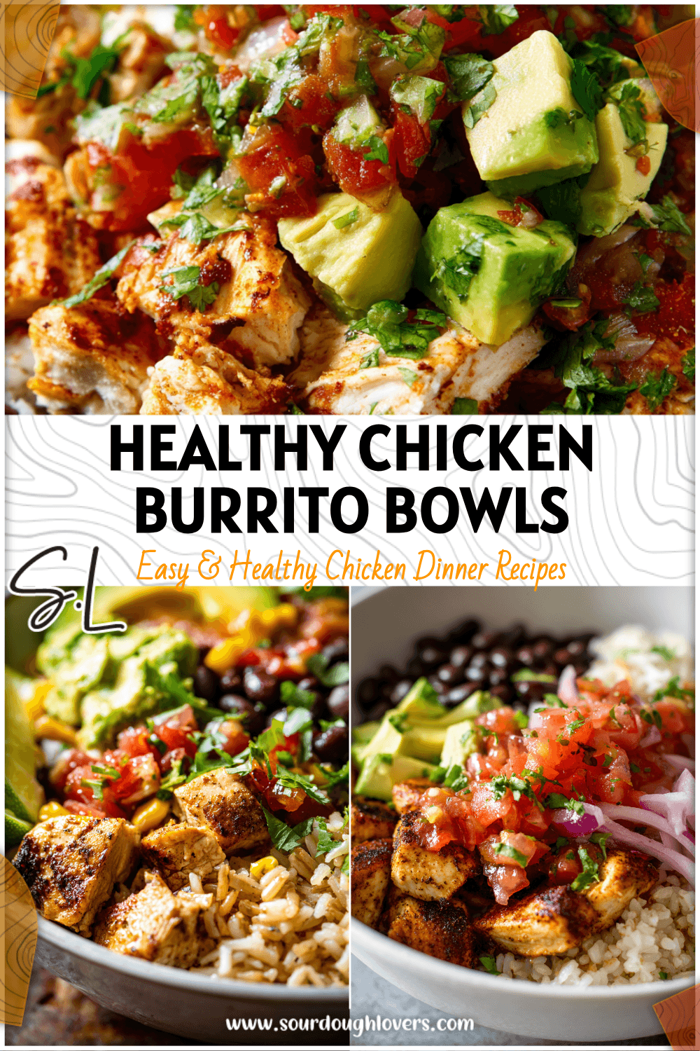 Colorful chicken burrito bowls with rice, beans, avocado, and salsa for a healthy Mexican meal prep.