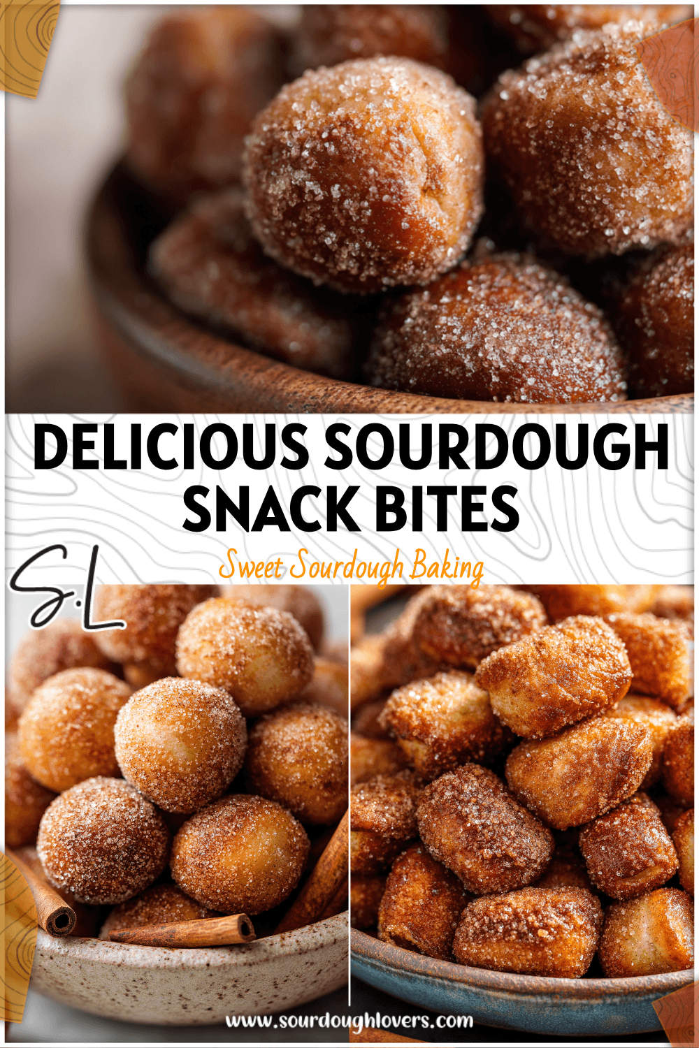 Close-up of warm Sourdough Pretzel Bites dusted with cinnamon sugar and served in a rustic bowl. 2026