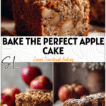 Warm sourdough apple snack cake topped with oats and cinnamon in a rustic kitchen scene.