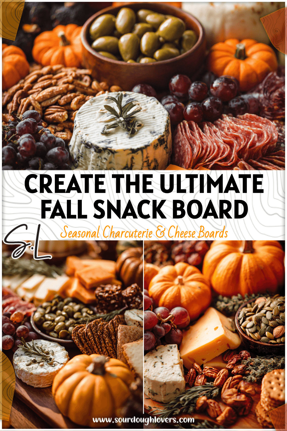 A festive Fall Harvest Snack Board with pumpkins, cheeses, and autumn treats for a cozy pumpkin cheese platter.