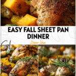 Golden roasted chicken with Brussels sprouts and squash on a fall sheet pan dinner scene. 26