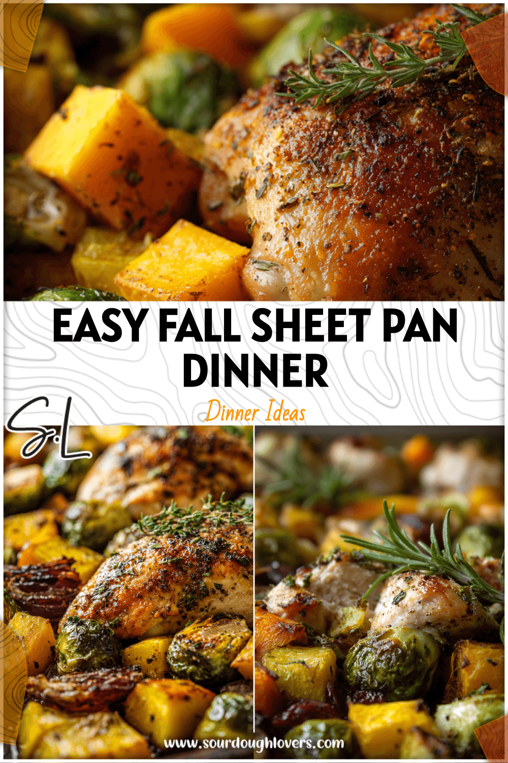 Golden roasted chicken with Brussels sprouts and squash on a fall sheet pan dinner scene. 26
