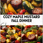 Roasted fall vegetables and sausage on a sheet pan drizzled with maple mustard sauce for a cozy fall dinner.
