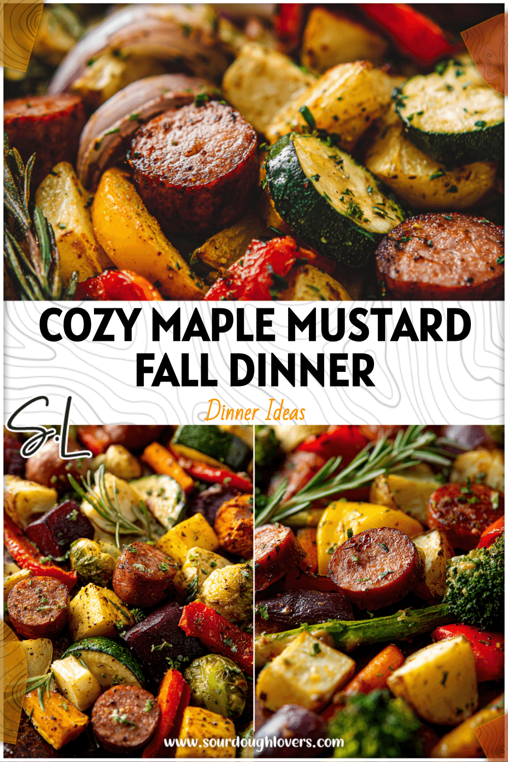 Roasted fall vegetables and sausage on a sheet pan drizzled with maple mustard sauce for a cozy fall dinner.