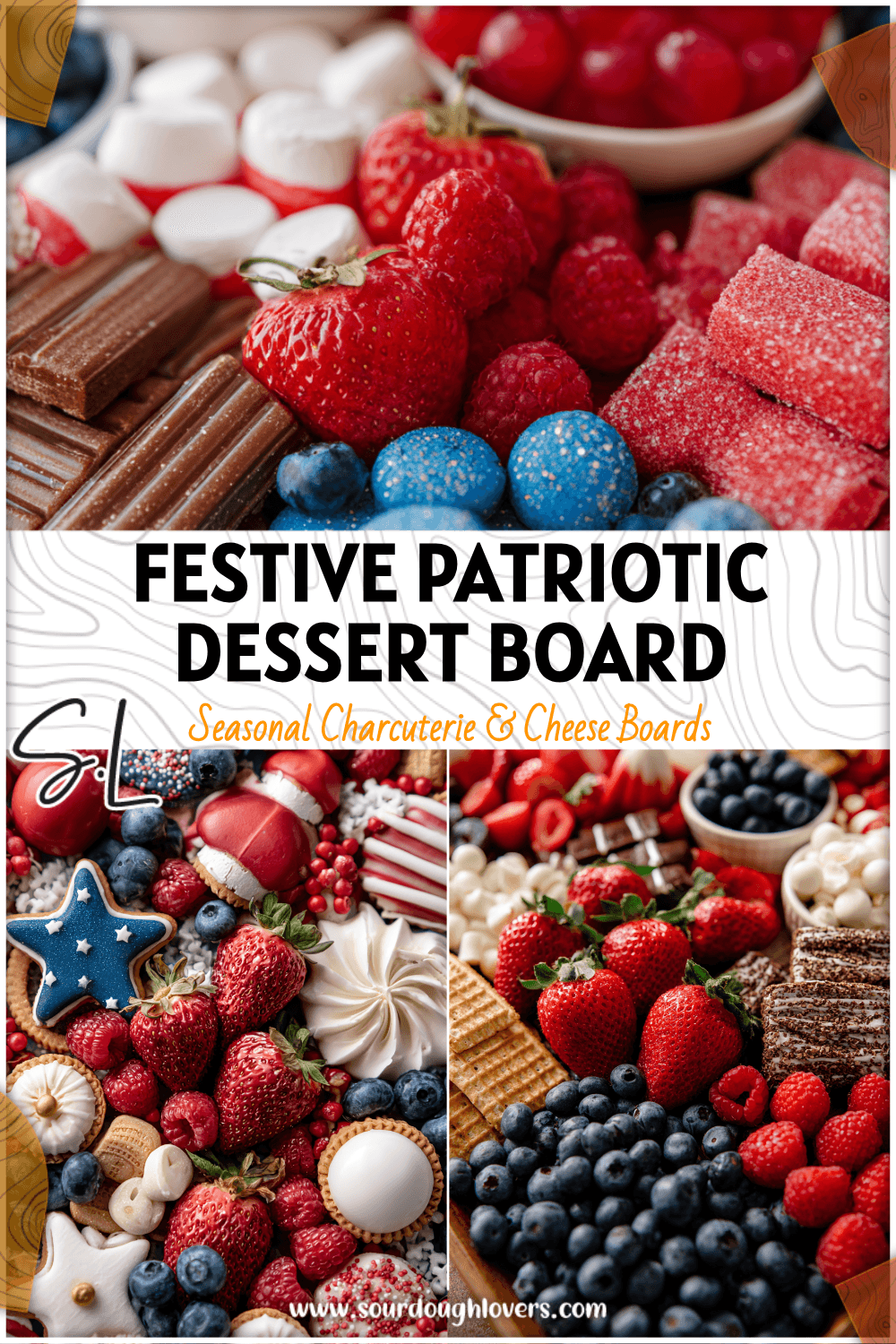 Colorful 4th Of July Dessert Tray featuring red white and blue sweets on a patriotic dessert table.