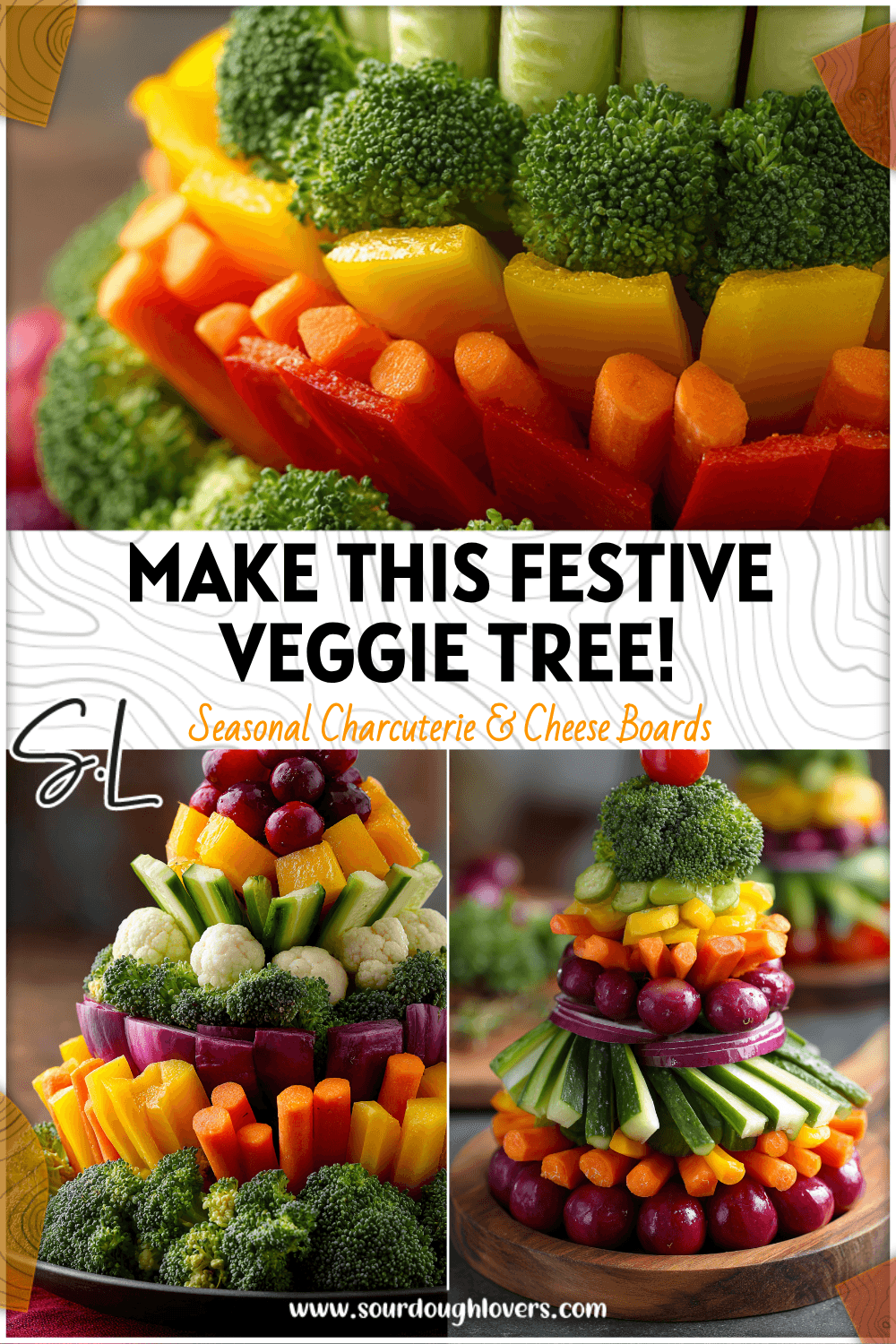 Festive veggie platter shaped like a Christmas tree with colorful vegetables arranged in tiers.