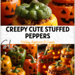 Carved stuffed peppers arranged as glowing Jack-O-Lanterns, ideal for Halloween Party Food. 26