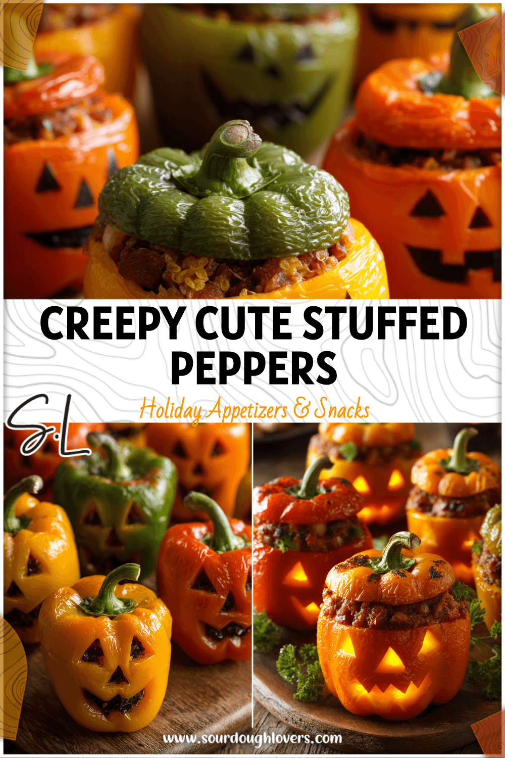 Carved stuffed peppers arranged as glowing Jack-O-Lanterns, ideal for Halloween Party Food. 26