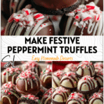 Close-up of Oreo Peppermint Truffles topped with crushed candy canes on a festive dessert party platter. 26