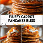 Stack of fluffy Carrot Cake Pancakes topped with grated carrots and nuts beside a Boiled Egg and Tofu Scramble.