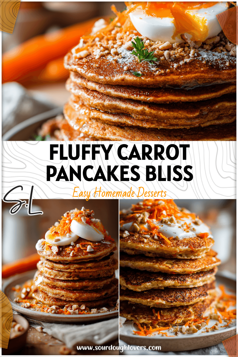 Stack of fluffy Carrot Cake Pancakes topped with grated carrots and nuts beside a Boiled Egg and Tofu Scramble.