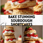 Stack of golden Sourdough Shortcake Biscuits layered with whipped cream and fresh strawberries. 26