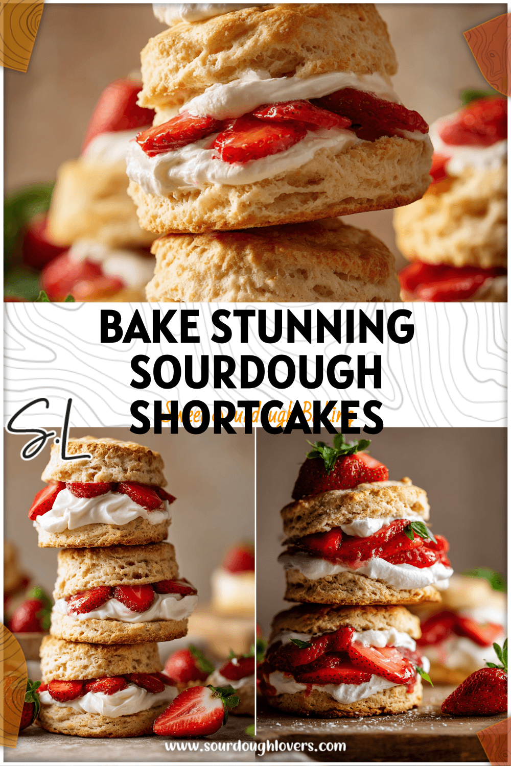 Stack of golden Sourdough Shortcake Biscuits layered with whipped cream and fresh strawberries. 26