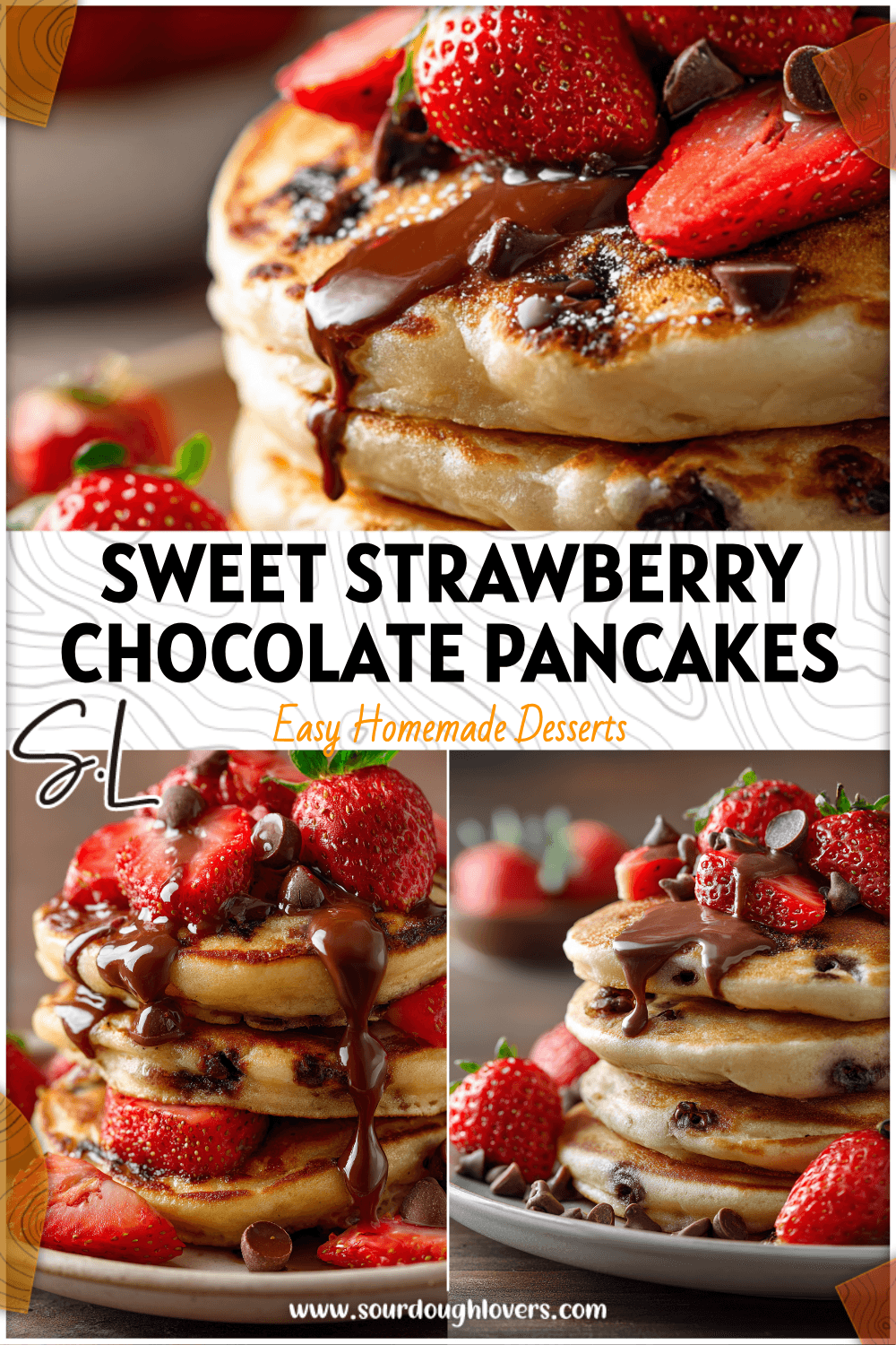 Stack of fluffy Strawberry Chocolate Chip Pancakes topped with fresh strawberries and melted chocolate.