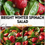 Bowl of fresh Spinach Strawberry Salad with sweet strawberries, greens, and nuts served as a salad side dish. 26