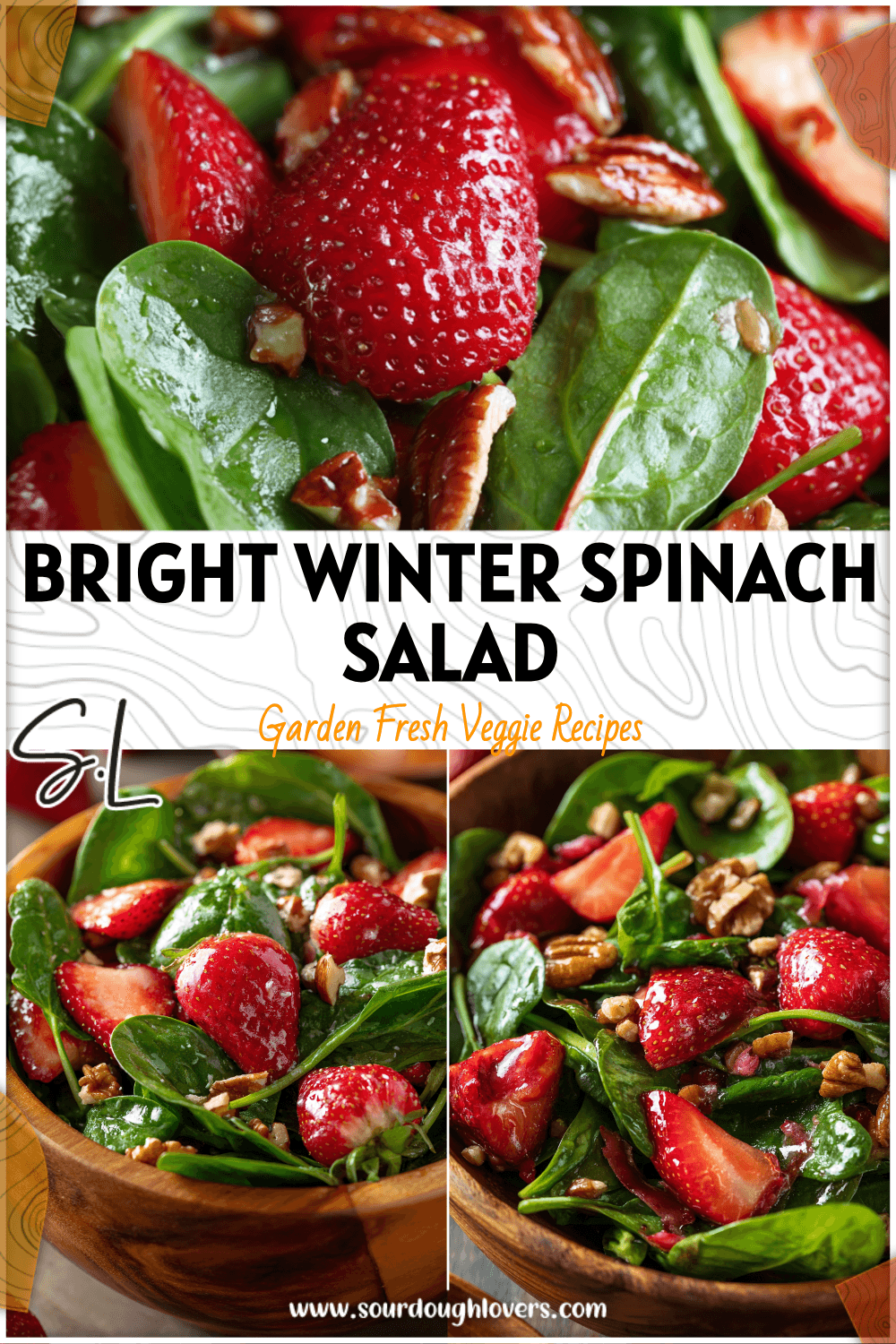 Bowl of fresh Spinach Strawberry Salad with sweet strawberries, greens, and nuts served as a salad side dish. 26