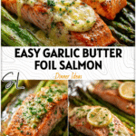 Juicy garlic butter salmon and asparagus baked together in foil packets with a creamy sauce drizzle.