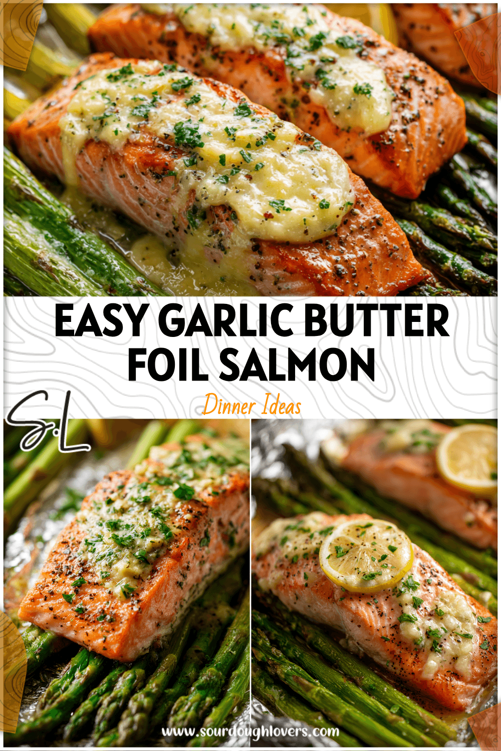 Juicy garlic butter salmon and asparagus baked together in foil packets with a creamy sauce drizzle.