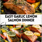 Garlic Lemon Salmon Sheet Pan Dinner for Easy Healthy Nights 5 Sheet pan with garlic lemon salmon fillets and colorful veggies as a Healthy Pescetarian Recipe.