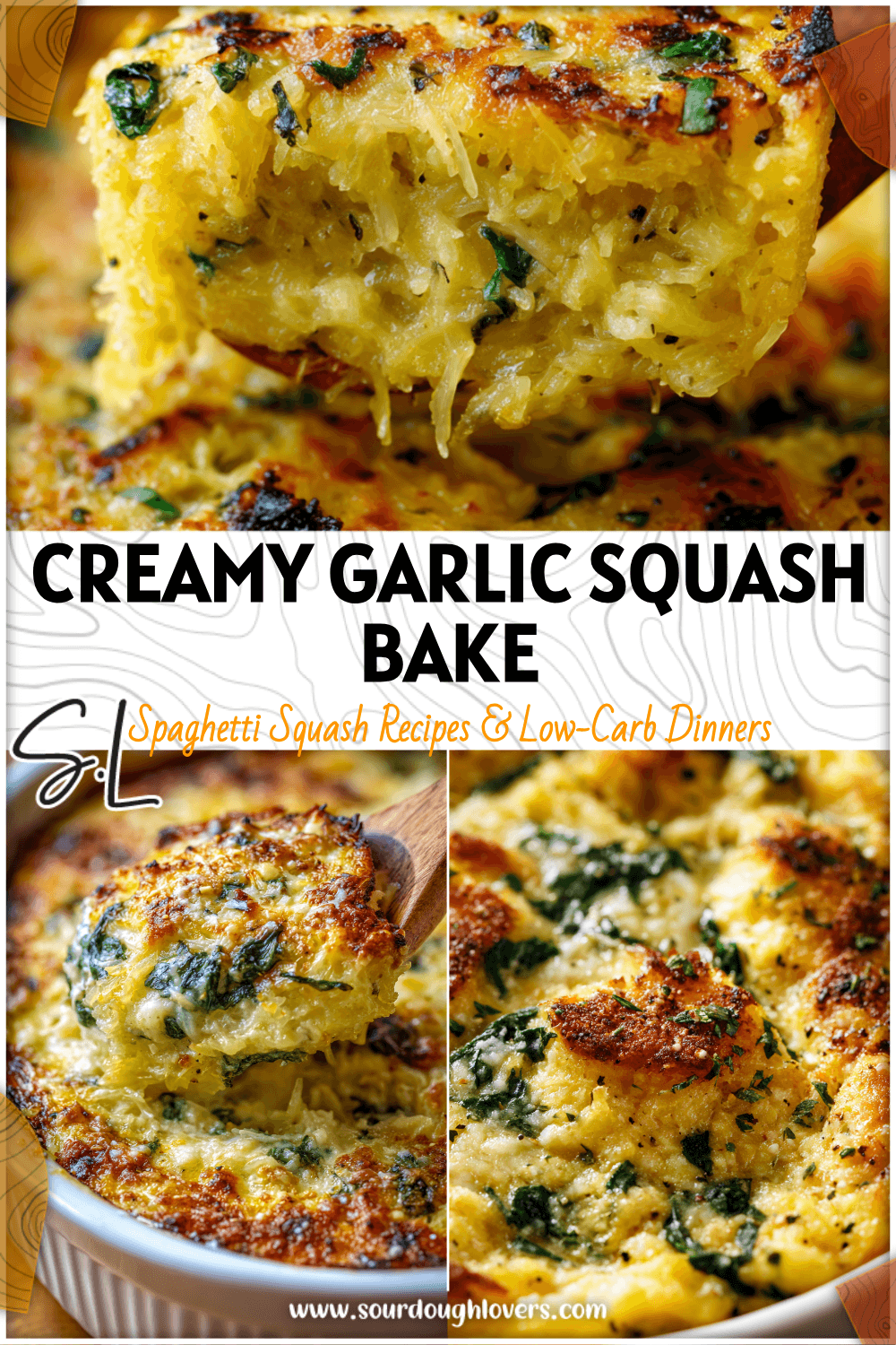Golden baked garlic Parmesan spaghetti squash with spinach in a casserole dish. 26