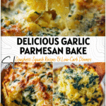 Golden baked Garlic Parmesan Spaghetti Squash and spinach casserole topped with melted cheese in a white dish
