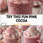 Mug of Hot Pink Chocolate topped with whipped cream, candy sprinkles, and mini marshmallows. 26