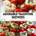Heart-shaped Caprese skewers arranged on a platter as cute Valentine Party Appetizers for Easy Food Platters. 26