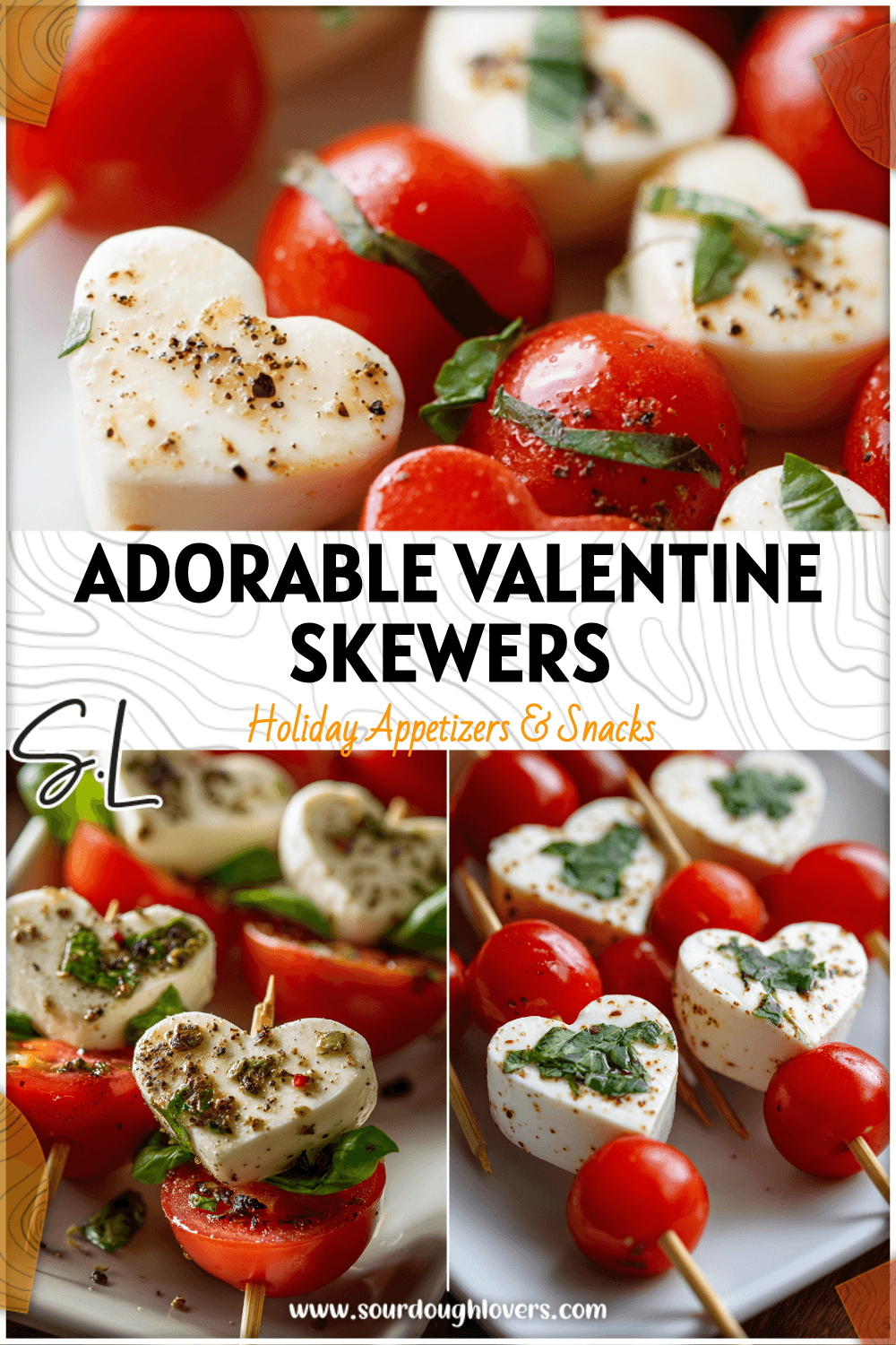 Heart-shaped Caprese skewers arranged on a platter as cute Valentine Party Appetizers for Easy Food Platters. 26
