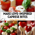 Heart Shaped Caprese Skewers with mozzarella, tomato, and basil served as Valentines Party Food display.