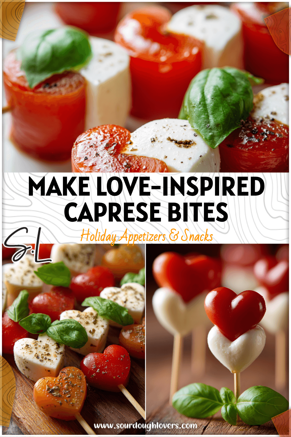 Heart Shaped Caprese Skewers with mozzarella, tomato, and basil served as Valentines Party Food display.