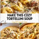 Hearty Creamy Tortellini Soup Recipe with Sausage & Cheese 5 Close-up of hearty creamy tortellini soup with sausage and melted cheese served in a white bowl. 26