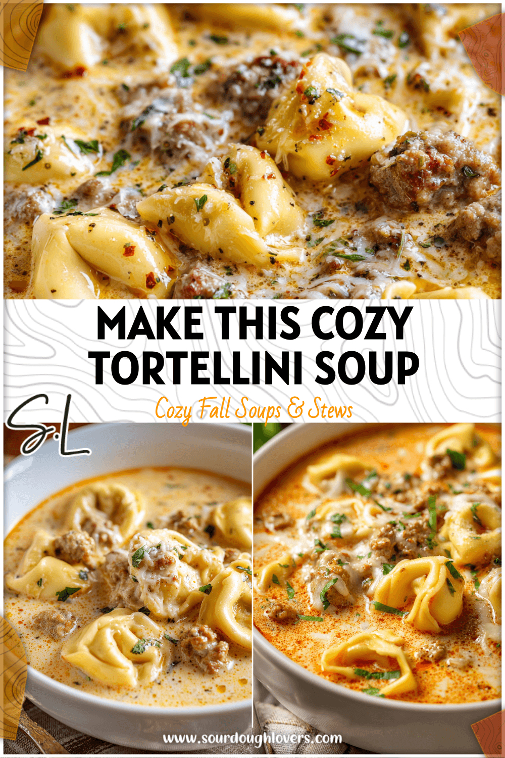 Close-up of hearty creamy tortellini soup with sausage and melted cheese served in a white bowl. 26