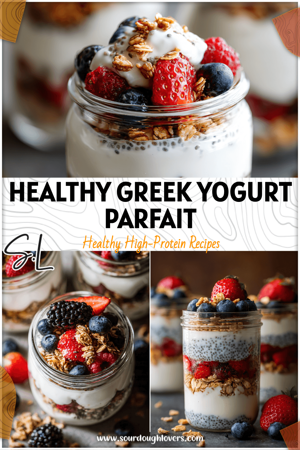Layered Greek Yogurt Berry Parfait with chia seeds and granola served in glass jars.