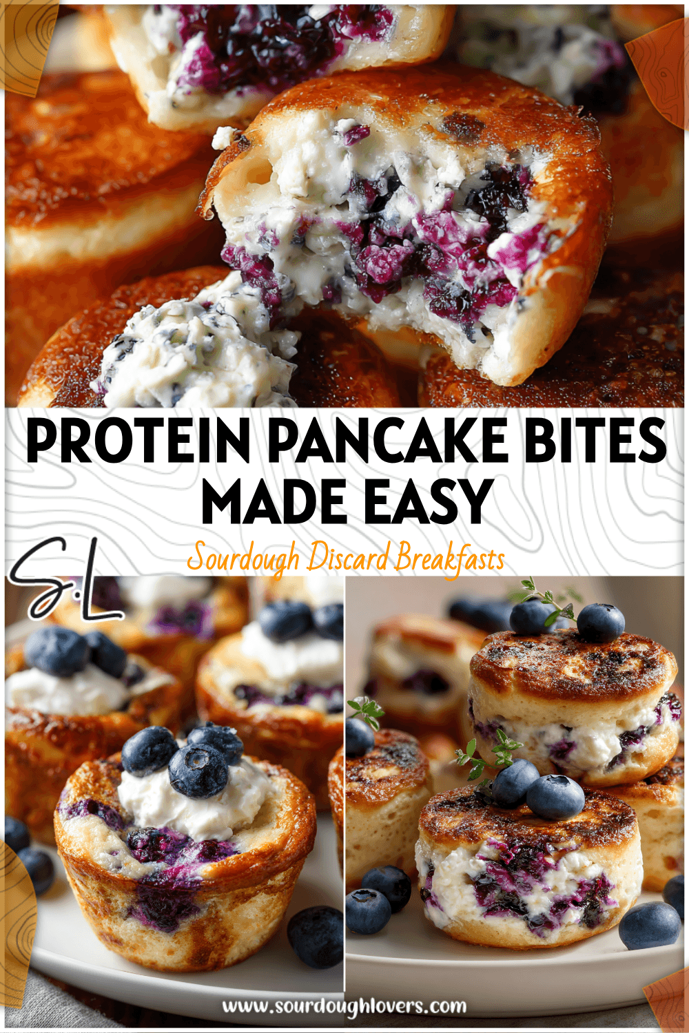 Golden sourdough pancake bites with blueberry cottage cheese filling on a breakfast plate 26