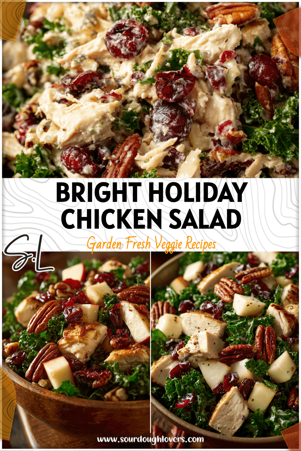 Bowl of Chicken Salad with apples, kale, pecans, and cranberries arranged for a festive meal. 26