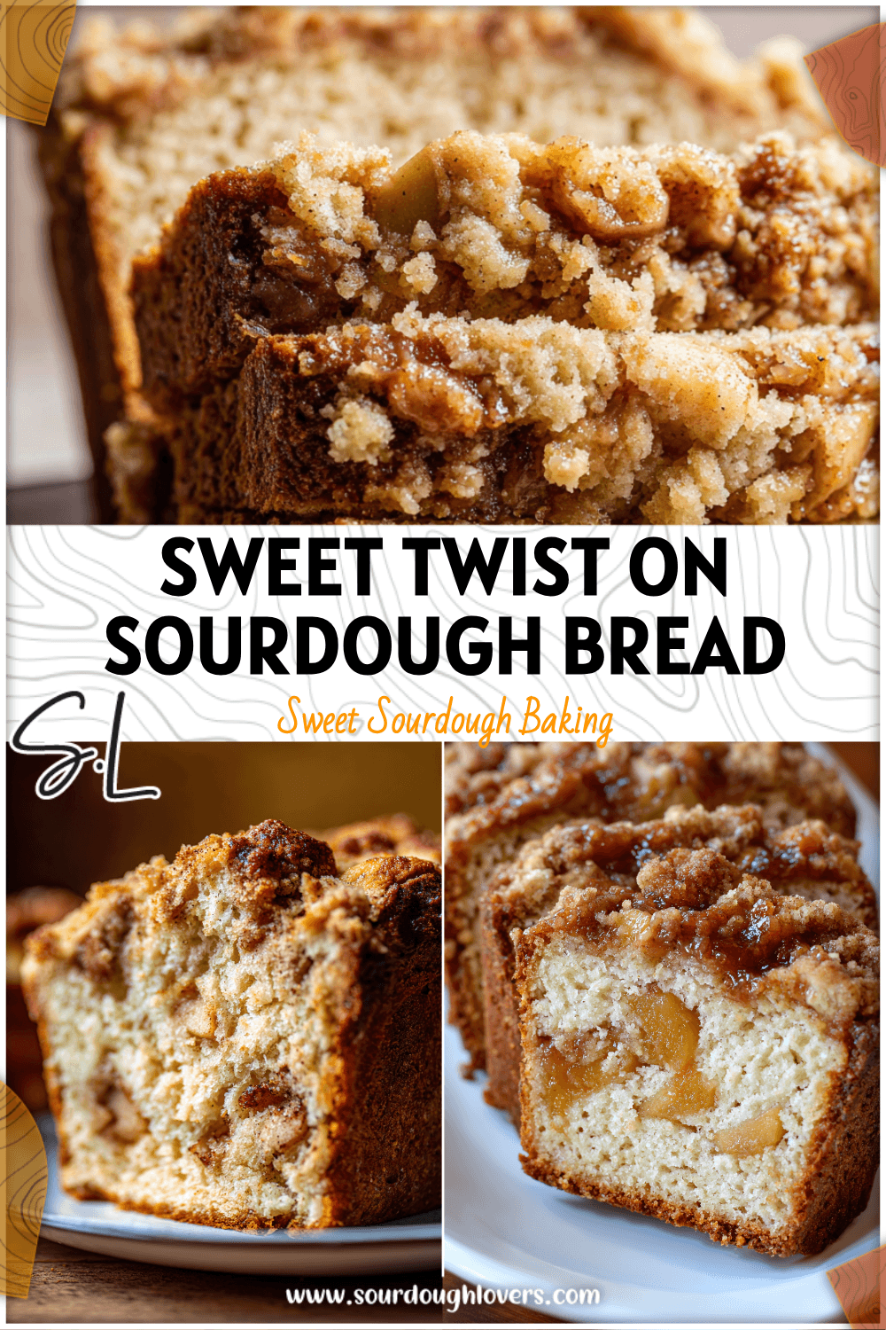 Close-up of sliced sourdough apple crumb loaf with cinnamon apples and golden crust on a plate. 2026