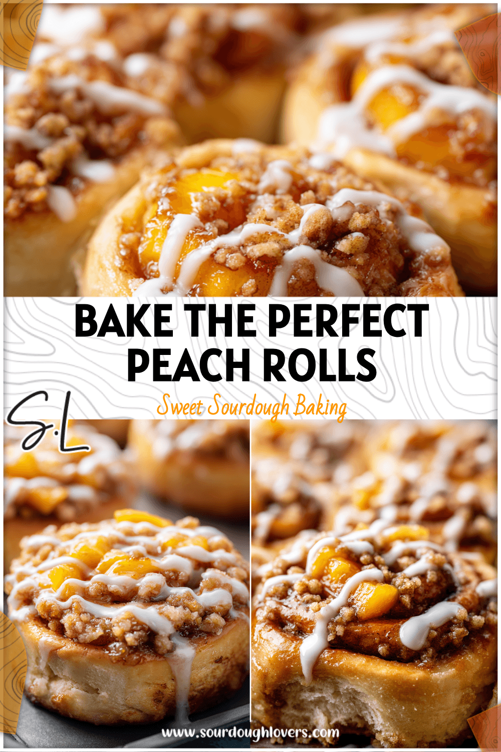 Golden Sourdough Peach Cinnamon Rolls topped with peach crumble and drizzled icing on a baking tray. 2026