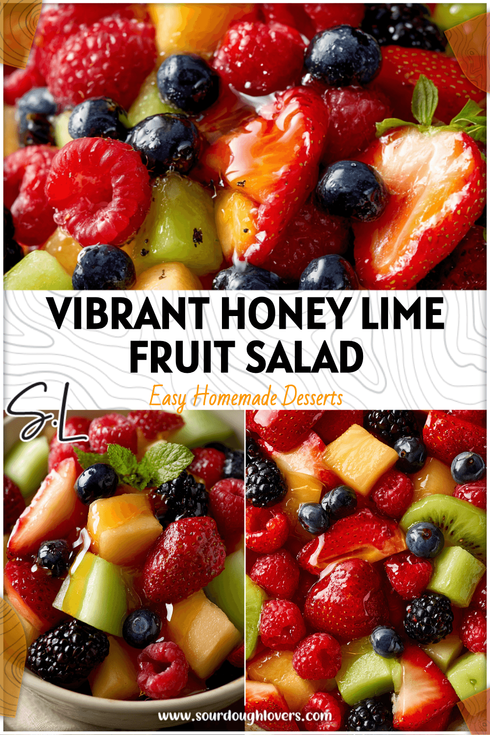 Bowl of Honey Lime Fruit Salad With Berries and melon topped with drizzle of honey-lime dressing. 26
