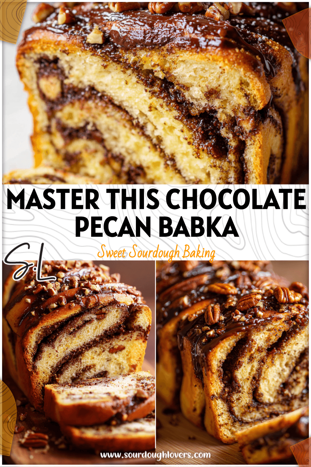 Glazed Orange Chocolate And Pecan Babka loaf with visible chocolate swirls and chopped pecans on top. 26