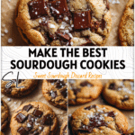 Close-up of gooey sourdough chocolate chip cookies cooling on parchment with a sprinkle of sea salt. 2026