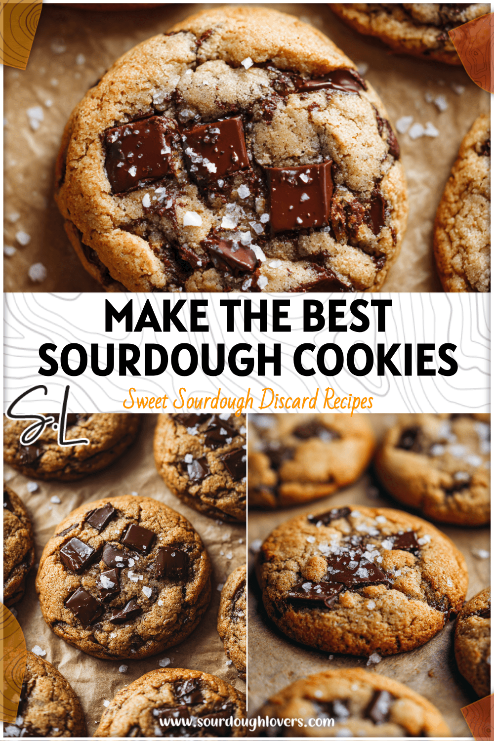 Close-up of gooey sourdough chocolate chip cookies cooling on parchment with a sprinkle of sea salt. 2026