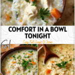 Close-up of creamy Instant Pot chicken and rice soup with fresh parsley and wooden spoon. 26