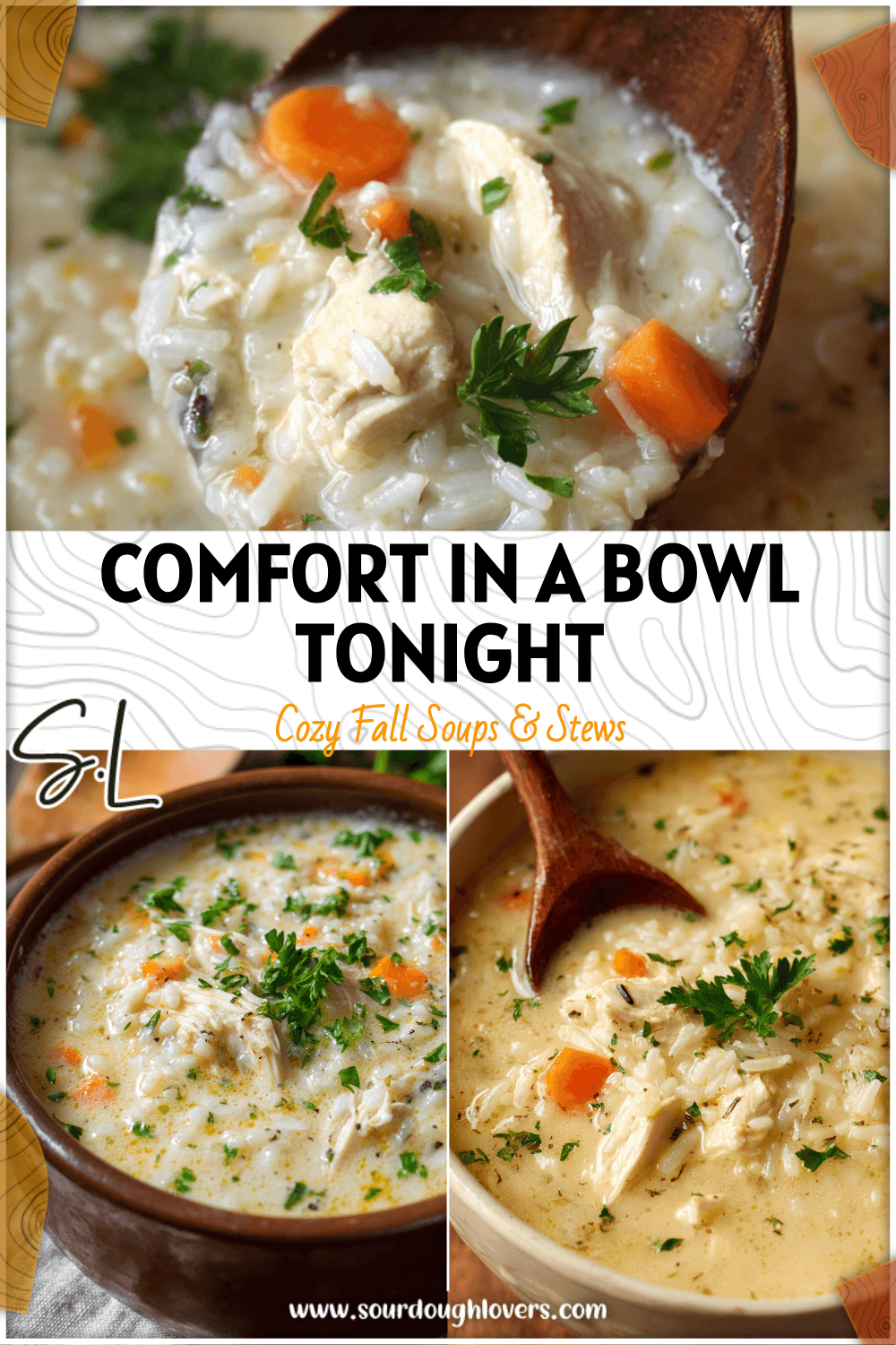 Close-up of creamy Instant Pot chicken and rice soup with fresh parsley and wooden spoon. 26