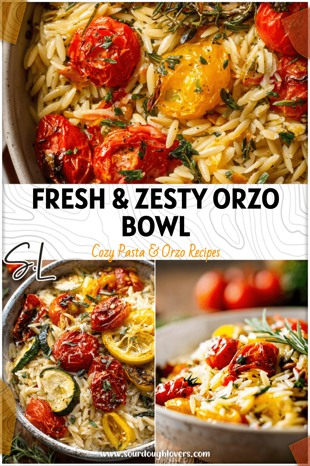 Bowl of Lemon Parmesan Orzo With Roasted Tomatoes, colorful veggies, and fresh herbs. 2026