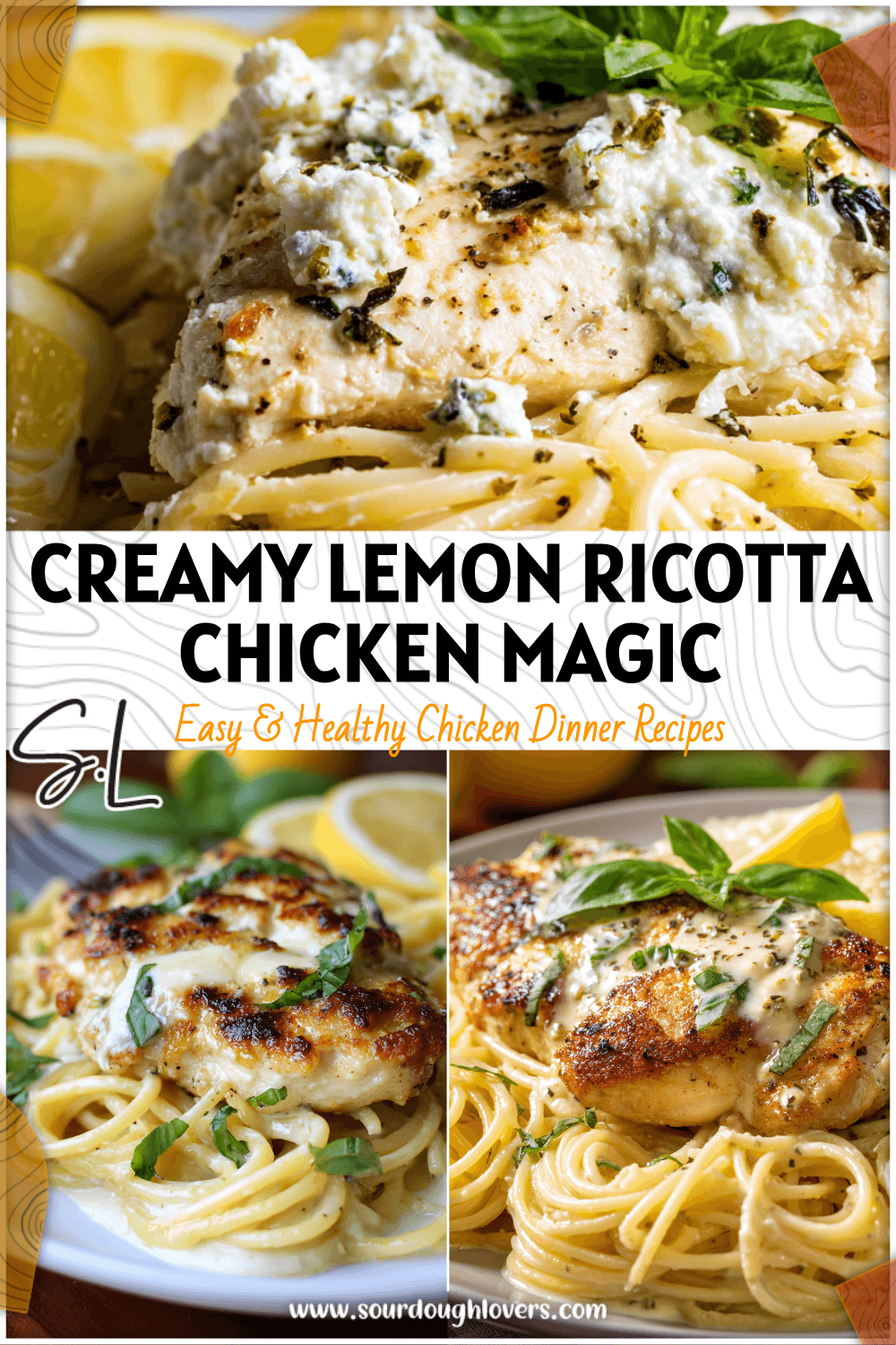 Plate of Lemon Ricotta Chicken served with creamy Lemony Ricotta Spaghetti and fresh basil garnish. 26