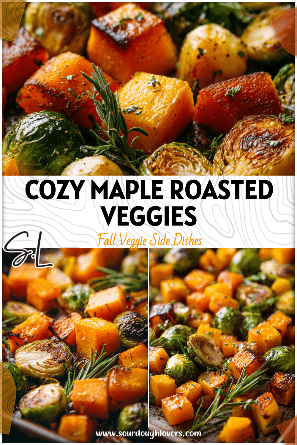 Maple roasted butternut squash and Brussels sprouts on a baking tray topped with herbs and caramelized edges. 2026