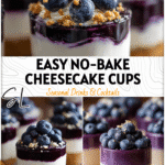 Layered No Bake Blueberry Cheesecake Shooters in glass cups topped with fresh blueberries. 26
