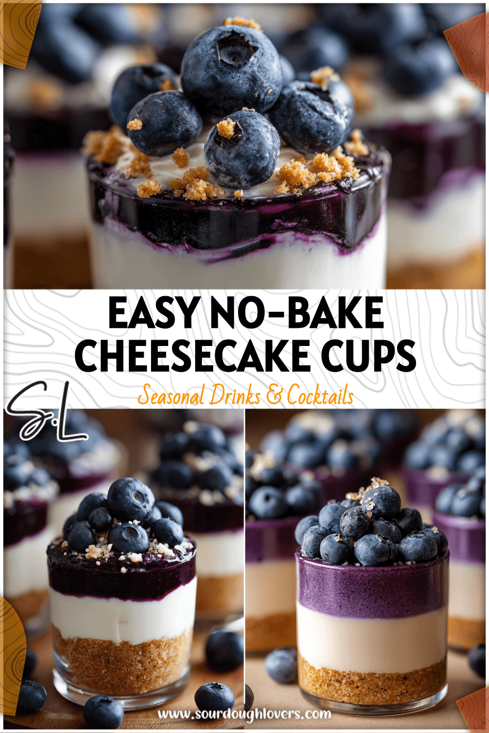 Layered No Bake Blueberry Cheesecake Shooters in glass cups topped with fresh blueberries. 26