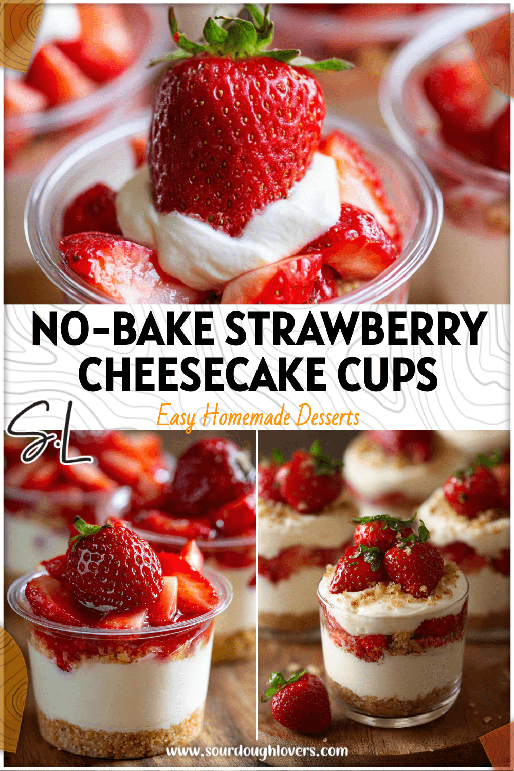 Mini strawberry cheesecakes in clear cups topped with fresh berries and creamy layers for a party dessert cup look